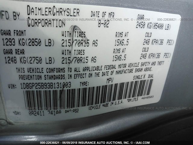 1D8GP25B93B131003 - 2003 DODGE CARAVAN SE SILVER photo 9