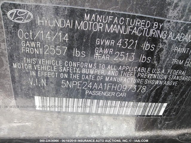 5NPE24AA1FH097378 - 2015 HYUNDAI SONATA ECO GRAY photo 9