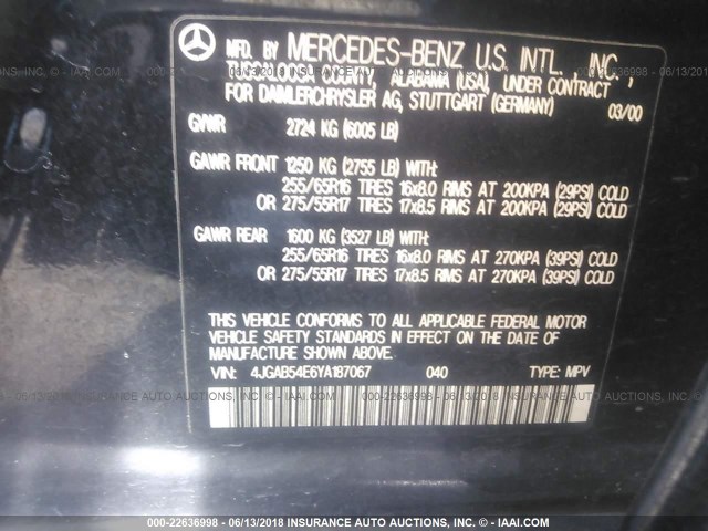 4JGAB54E6YA187067 - 2000 MERCEDES-BENZ ML 320 BLACK photo 9