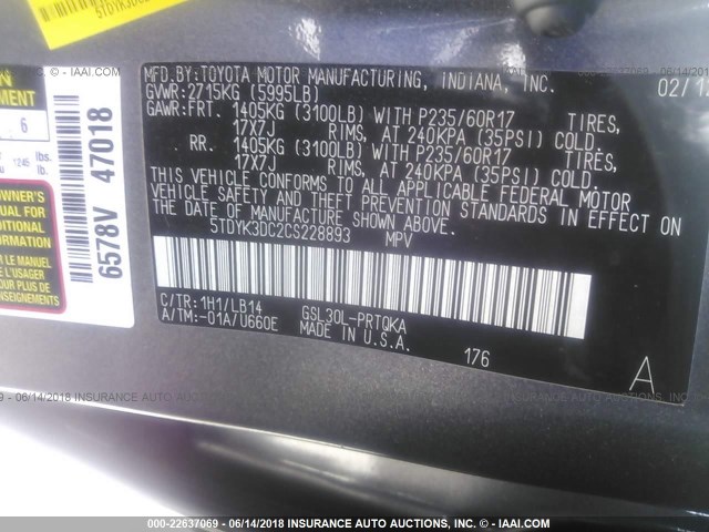 5TDYK3DC2CS228893 - 2012 TOYOTA SIENNA XLE/LIMITED GRAY photo 9