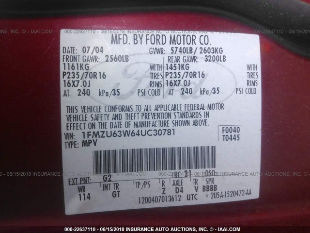 1FMZU63W64UC30781 - 2004 FORD EXPLORER XLT/XLT SPORT/NBX RED photo 9