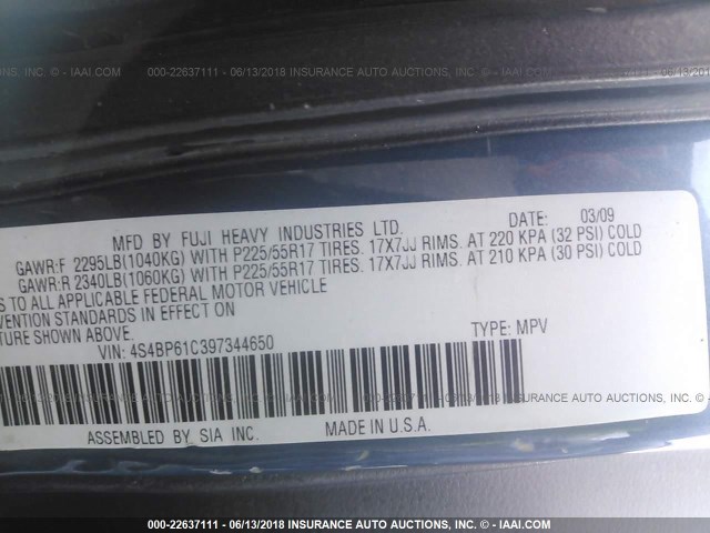 4S4BP61C397344650 - 2009 SUBARU OUTBACK 2.5I BLUE photo 9