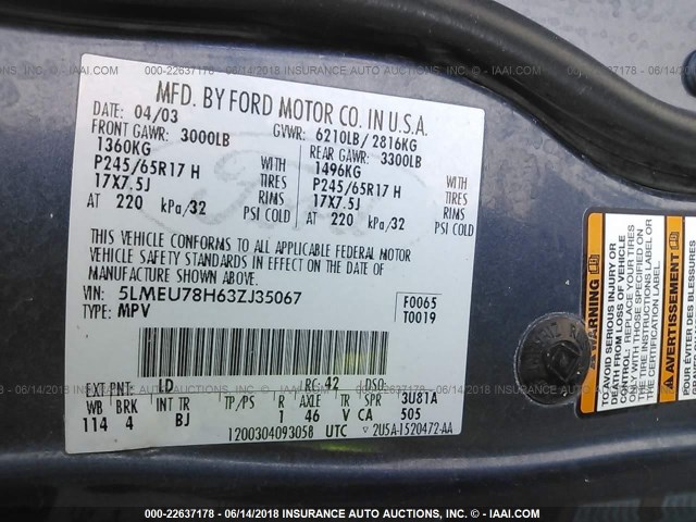 5LMEU78H63ZJ35067 - 2003 LINCOLN AVIATOR Mavi foto 9