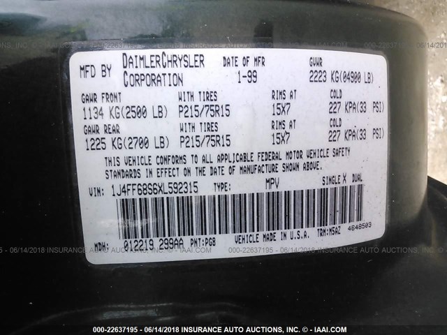 1J4FF68S6XL592315 - 1999 JEEP CHEROKEE SPORT/CLASSIC მწვანე ფოტო 9