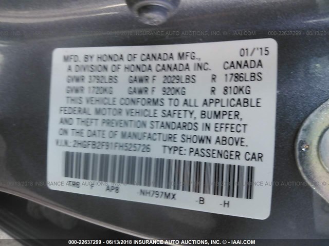 2HGFB2F91FH525726 - 2015 HONDA CIVIC EXL GRAY photo 9