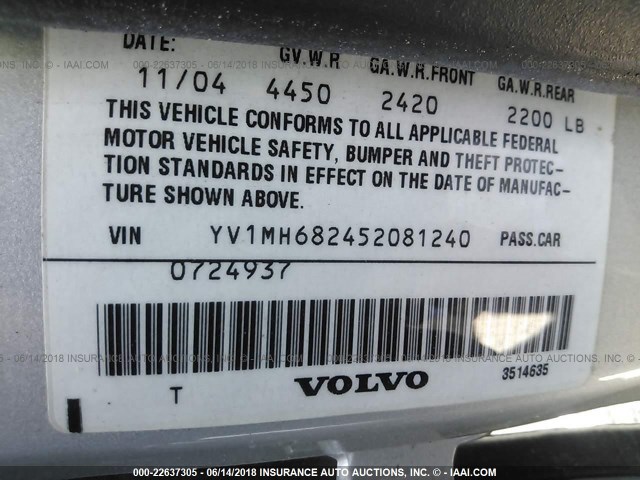 YV1MH682452081240 - 2005 VOLVO S40 T5 SILVER photo 9