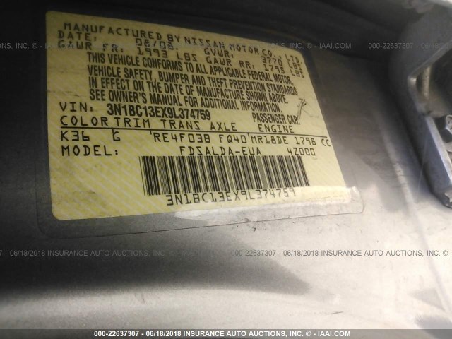 3N1BC13EX9L374759 - 2009 NISSAN VERSA S/SL GRAY photo 9