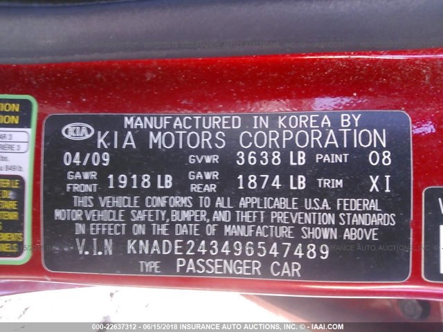 KNADE243496547489 - 2009 KIA RIO 5 SX RED photo 9