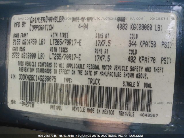 3D3KA28C14G238075 - 2004 DODGE RAM 2500 ST/SLT 蓝色 照片 9