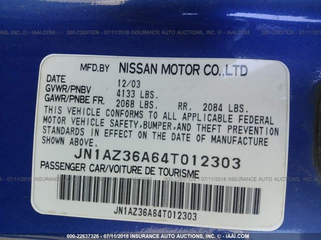 JN1AZ36A64T012303 - 2004 NISSAN 350Z ROADSTER BLUE photo 9