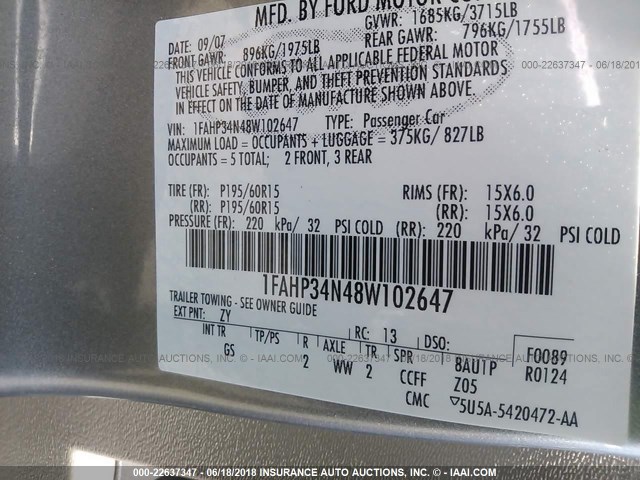 1FAHP34N48W102647 - 2008 FORD FOCUS S/SE GRAY photo 9