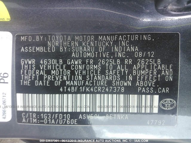 4T4BF1FK4CR247378 - 2012 TOYOTA CAMRY SE/LE/XLE 灰色 照片 9