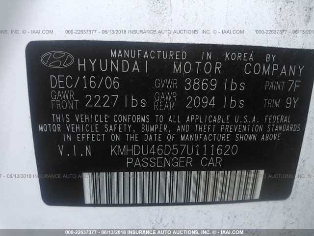 KMHDU46D57U111620 - 2007 HYUNDAI ELANTRA GLS/SE/LIMITED WHITE photo 9