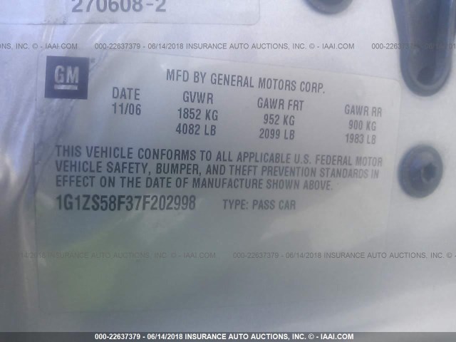 1G1ZS58F37F202998 - 2007 CHEVROLET MALIBU LS 银色 照片 9