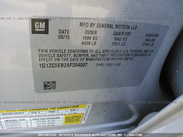 1G1ZC5EB2AF294997 - 2010 CHEVROLET MALIBU 1LT 银色 照片 9