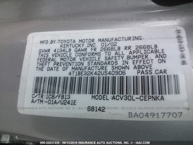 4T1BE32K42U540906 - 2002 TOYOTA CAMRY LE/XLE/SE Gümüş foto 9