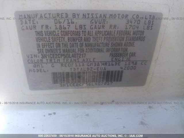 3N1CE2CP5GL407217 - 2016 NISSAN VERSA NOTE S/S PLUS/SV/SL/SR WHITE photo 9