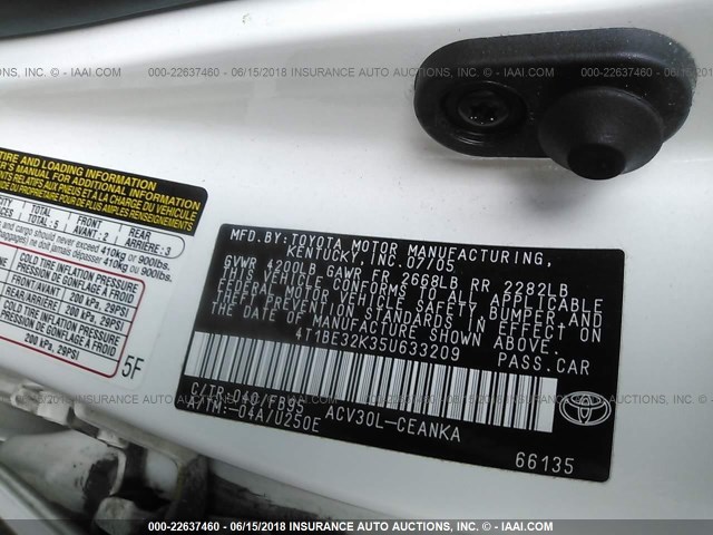 4T1BE32K35U633209 - 2005 TOYOTA CAMRY LE/XLE/SE თეთრი ფოტო 9