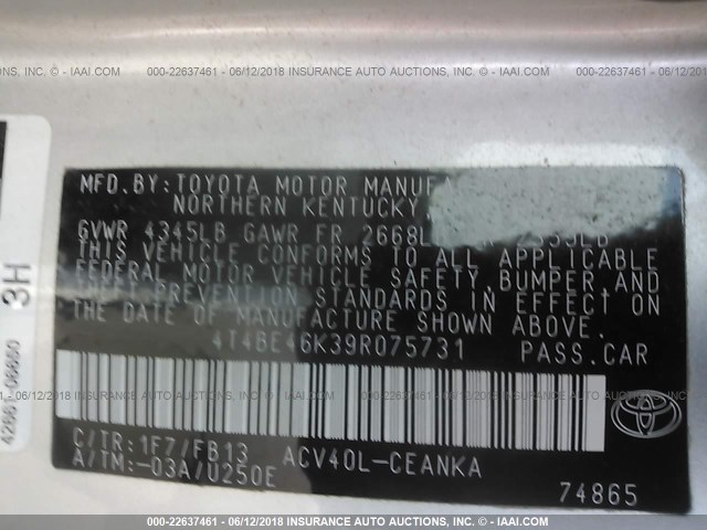 4T4BE46K39R075731 - 2009 TOYOTA CAMRY SE/LE/XLE SILVER photo 9