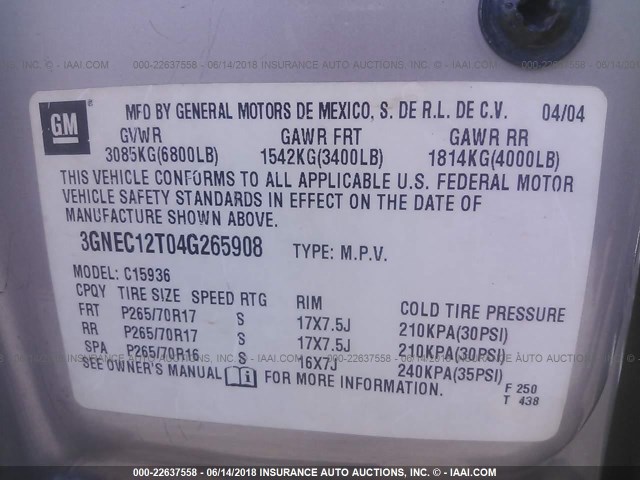 3GNEC12T04G265908 - 2004 CHEVROLET AVALANCHE C1500 SILVER photo 9