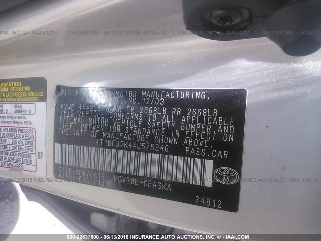 4T1BF32K44U575946 - 2004 TOYOTA CAMRY LE/XLE/SE Gümüş foto 9