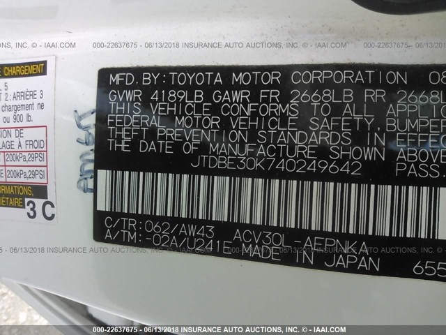 JTDBE30K740249642 - 2004 TOYOTA CAMRY LE/XLE 白色 照片 9