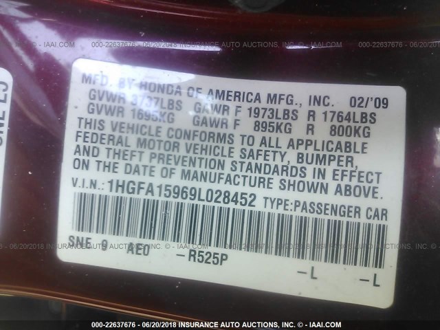 1HGFA15969L028452 - 2009 HONDA CIVIC EXL BURGUNDY photo 9