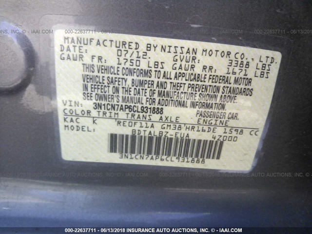 3N1CN7AP6CL931888 - 2012 NISSAN VERSA S/SV/SL GRAY photo 9