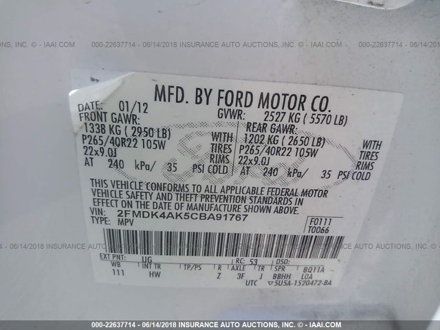 2FMDK4AK5CBA91767 - 2012 FORD EDGE SPORT WHITE photo 9