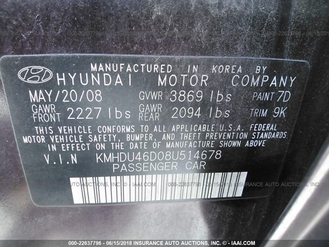 KMHDU46D08U514678 - 2008 HYUNDAI ELANTRA GLS/SE/LIMITED PURPLE photo 9