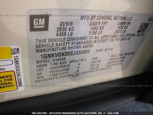 1GNKVGKD6EJ339860 - 2014 CHEVROLET TRAVERSE LT GOLD photo 9