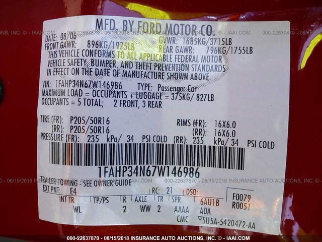 1FAHP34N67W146986 - 2007 FORD FOCUS ZX4/S/SE/SES RED photo 9