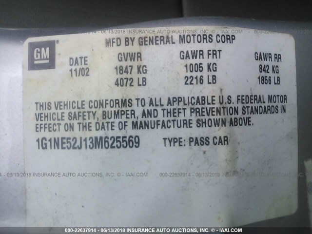 1G1NE52J13M625569 - 2003 CHEVROLET MALIBU LS SILVER photo 9