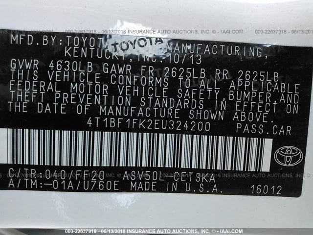 4T1BF1FK2EU324200 - 2014 TOYOTA CAMRY L/SE/LE/XLE Ağ foto 9