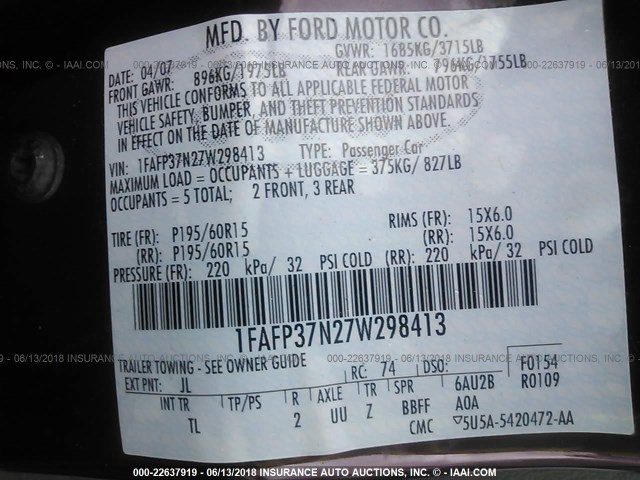 1FAFP37N27W298413 - 2007 FORD FOCUS ZX5/S/SE/SES PURPLE photo 9