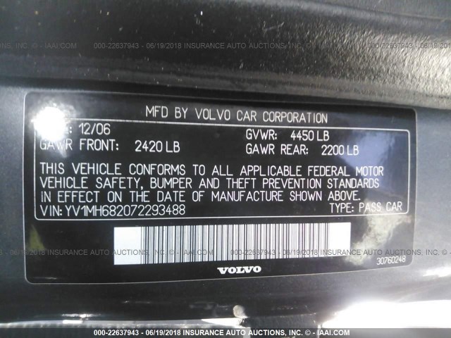 YV1MH682072293488 - 2007 VOLVO S40 T5 GRAY photo 9