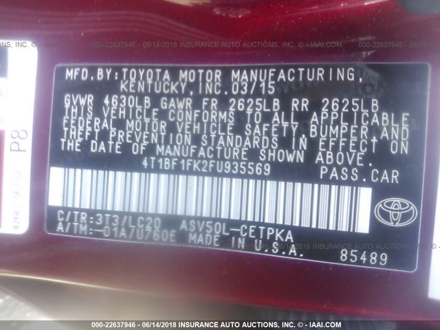 4T1BF1FK2FU935569 - 2015 TOYOTA CAMRY LE/XLE/SE/XSE 栗色 照片 9