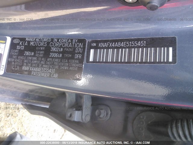 KNAFX4A84E5155451 - 2014 KIA FORTE EX BLUE photo 9