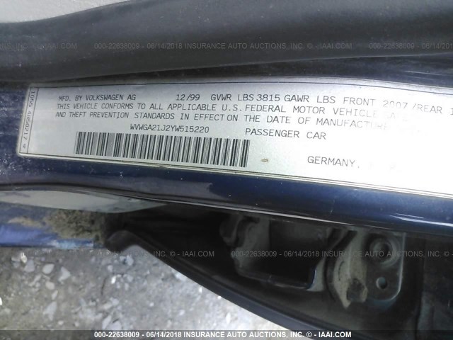 WVWGA21J2YW515220 - 2000 VOLKSWAGEN GOLF GLS BLUE photo 9