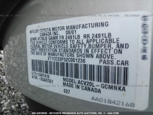 2T1CE22P32C001236 - 2002 TOYOTA CAMRY SOLARA SE SILVER photo 9