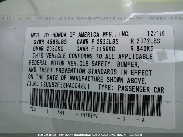 19UUB2F56HA004801 - 2017 ACURA TLX TECH WHITE photo 9