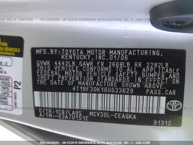 4T1BF30K16U633629 - 2006 TOYOTA CAMRY LE/XLE/SE 银色 照片 9