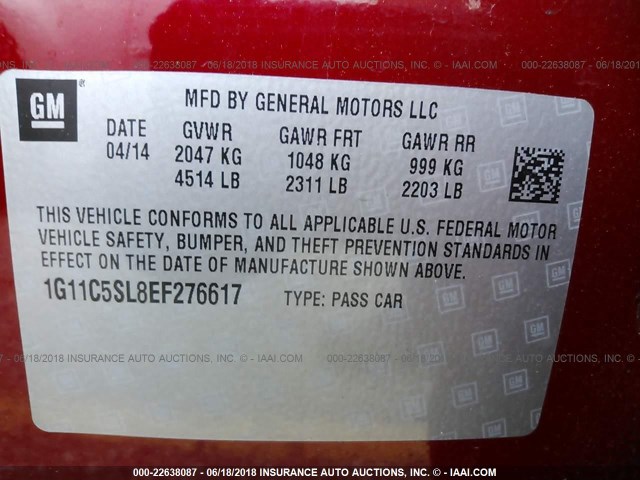 1G11C5SL8EF276617 - 2014 CHEVROLET MALIBU 1LT 红色 照片 9