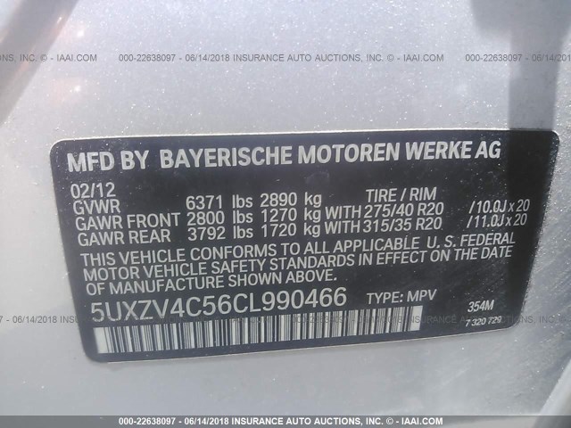 5UXZV4C56CL990466 - 2012 BMW X5 XDRIVE35I SILVER photo 9