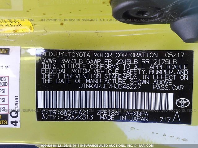 JTNKARJE7HJ548227 - 2017 TOYOTA COROLLA IM GREEN photo 9