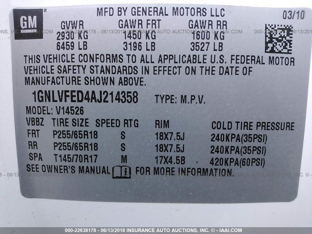 1GNLVFED4AJ214358 - 2010 CHEVROLET TRAVERSE LT WHITE photo 9