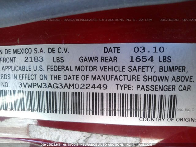 3VWPW3AG3AM022449 - 2010 VOLKSWAGEN NEW BEETLE 红色 照片 9