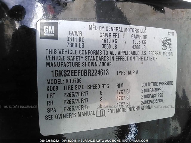 1GKS2EEF0BR224613 - 2011 GMC YUKON DENALI BLACK photo 9