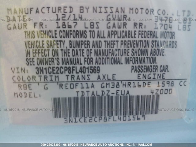 3N1CE2CP8FL401569 - 2015 NISSAN VERSA NOTE S/S PLUS/SV/SL/SR BLUE photo 9