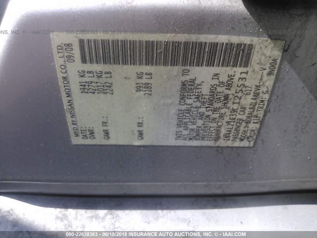 1N4AL21E39C125531 - 2009 NISSAN ALTIMA 2.5/2.5S SILVER photo 9